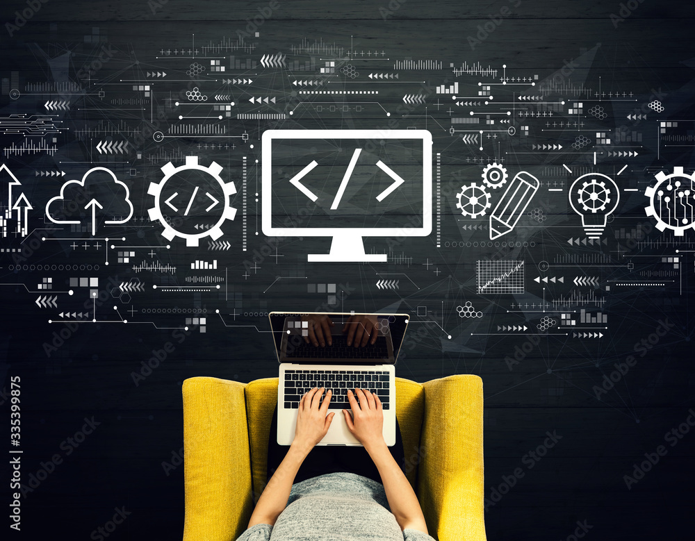 Poster web development concept with person using a laptop in a chair