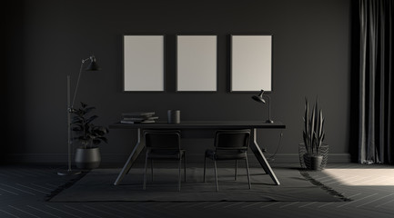 Dark office in plain monochrome black color with working table, plants and floor lamp on a carpet. Dark background. 3D rendering
