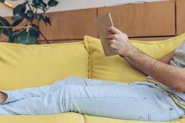 Cropped view of man with book on sofa in living room