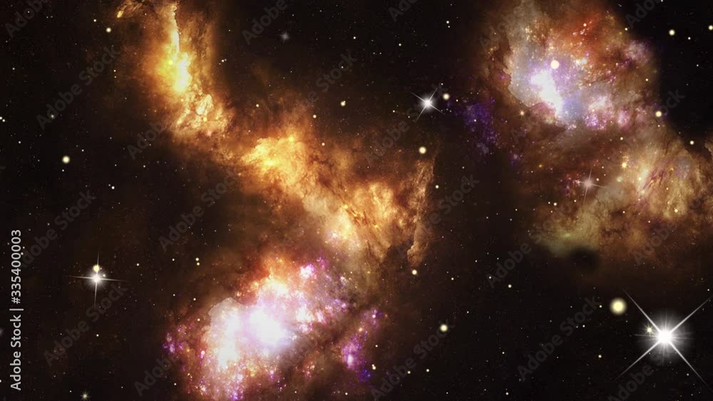 Poster flying through space passing stars. 4k motion design loop animation for science, astronomy, nebula, 