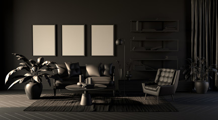 Gloomy room with picture frames in plain monochrome black color with sofa,chair,bookshelf on a carpet. Black background. 3D rendering