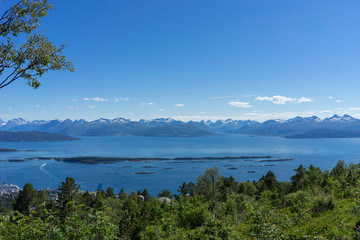 Panoramic mountain view with some islands in the fjord in Molde, Norway