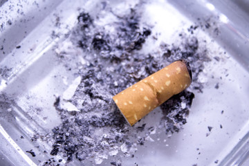 Cigarette consumed in an ashtray with ashes