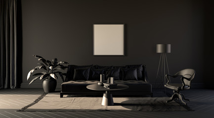 A Dim room in plain monochrome black tones with sofa,chair,plants  and floor lamp on a carpet. Black background. 3D rendering