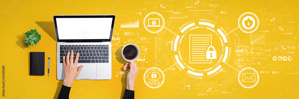 Poster data protection concept with person using a laptop computer