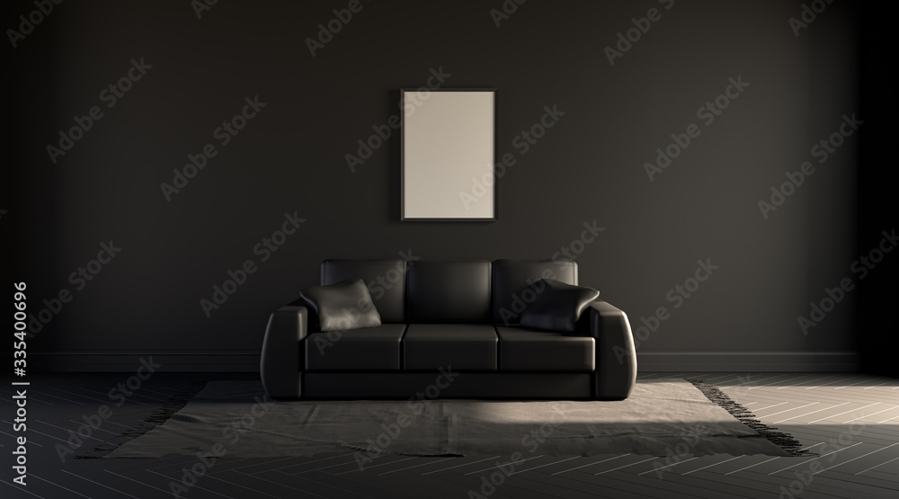 Poster single picture frame on a black wall in dark room with a single sofa on a carpet. black background. 