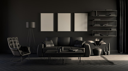 3 poster frames in a dark room with sofa, bookshelf and floor lamp on a carpet. Dark background. 3D rendering