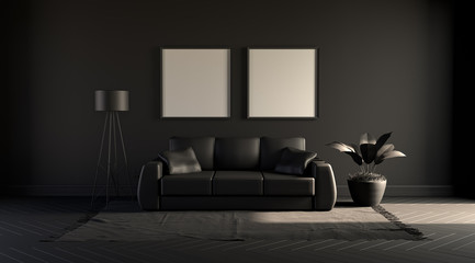 2 square poster frames in a dark gloomy room in solid black colors with sofa,plant and floor lamp on a carpet. Black background. 3D rendering