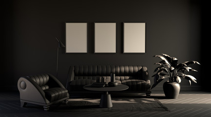 Dark room in plain monochrome gray tones with sofa,chair,plants  and floor lamp on a carpet. Black background. 3D rendering