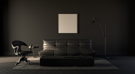 Single square empty frame in a black color room with sofa,chair and floor lamp on a carpet. Black background. 3D rendering