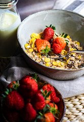 Healthy breakfast concept with oatmeal and strawberry