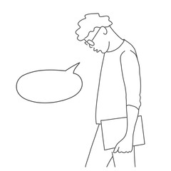 Guy with glasses and speech bubble. Man with his head bowed. Line drawing illustration.
