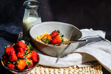 Healthy breakfast concept with oatmeal and strawberry