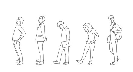 Line drawing illustration of people standing in line.