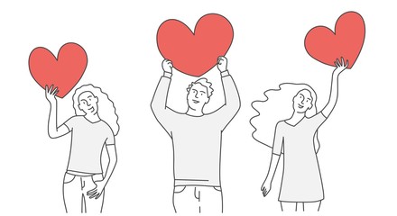 People holding red hearts over head. Help concepts. Hand drawn vector illustration.