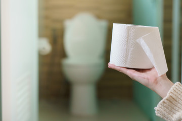 Woman holding toilet paper roll in the front of toilet.