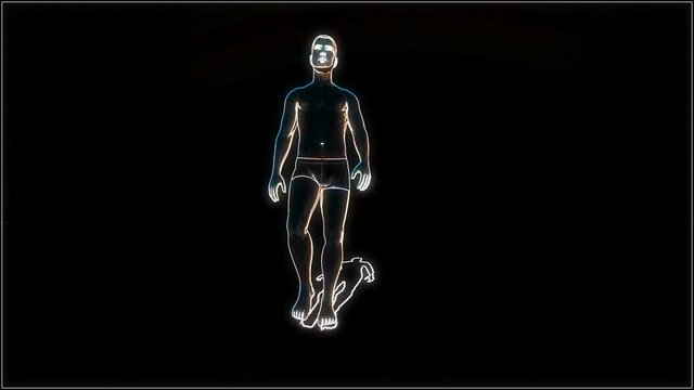 Character walk in cartoon style on black background. Neon videogame bodybuilder pixel gym 80s glitch 4k
