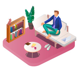 Concept of a coronavirus outbreak. A young man is sitting in a meditation position at home on the sofa. The Earth-19 virus is in the air. Staying at home with an independent quarantine. Work from home