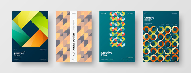Fototapeta premium Company identity brochure template collection. Business presentation vector A4 vertical orientation front page mock up set. Corporate report cover abstract geometric illustration design layout bundle.