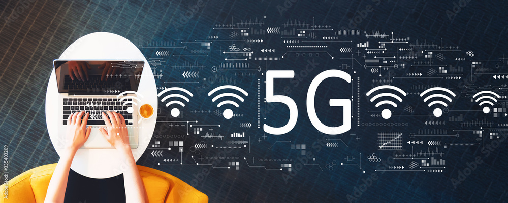 Poster 5g network with person using a laptop on a white table
