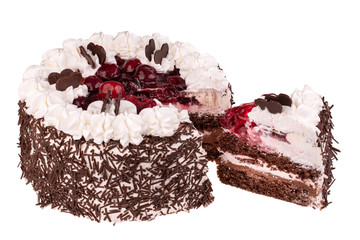  Cut cherry cake with air cream and chocolate chips on white background