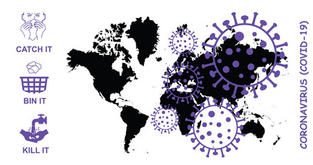 Coronavirus COVID-19 graphic overlaid on world map with catch bin kill it public information message isolated on white background 