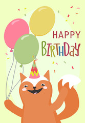 Happy birthday card with cute hand drawn animals. Birthday party.