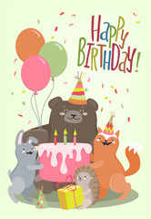 Obraz na płótnie Canvas Happy birthday card with cute hand drawn animals.