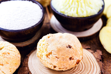 cheese bread without animal products. vegan or vegetarian snack. Ingredients, potatoes and tapioca (ground cassava) made in Brazil.