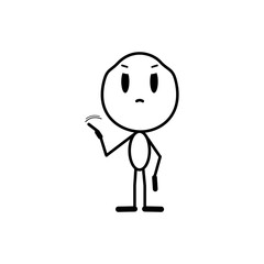 Man will say no with his finger. A cartoon character prohibits or disagrees with something. Vector line illustration on a white background.