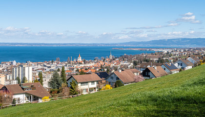 Fototapeta na wymiar RORSCHACH, SWITZERLAND - MARCH 13, 2020: Panoramic view of the Swiss town of Rorschach on the south bank of Lake Constance, with approx. 35000 inhabitants. 