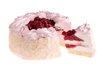 Cut cherry cake with air cream and coconut chips on white background