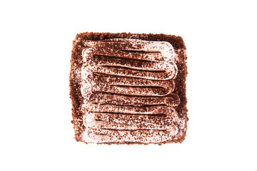 Tiramisu with grated chocolate and air cream on white background