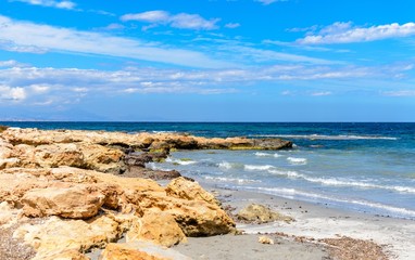 Fototapeta na wymiar View on the mediterranean sea, blue sky. shore near Alicante, Spain