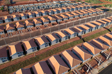 Aerial view of construction site of standardized houses of public Program, in Pompeia city, of the Sao Paulo State, Brazil