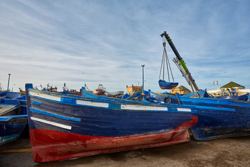 Lots of blue fishing boats in the port of Essaouira