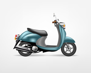 Trendy blue electric scooter, isolated on white background. Isolated vector electric motorbike, template for branding and advertising. 

