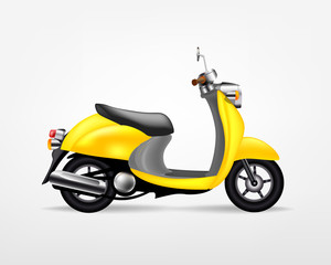 Trendy yellow electric scooter, isolated on white background. Isolated vector electric motorbike, template for branding and advertising. 