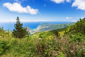 View of the ocean coast from the tops of the mountains on the island of Madeira, Portuga