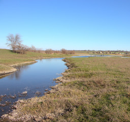 Stream in the middle of a field with grass, on a sunny day.Landscape with a small river against a background of blue sky.