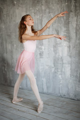 Beautiful female ballet dancer on a gray background. Adorable ballerina is wearing a pink leotard and skirt, beige stockings, pointe shoes.