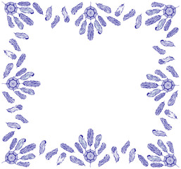 Decorative square frame of blue dream catchers and bird feathers drawn by hand in the style of zentagles on a white background. Traditional tribal symbols of Native American. Template for text. Vector