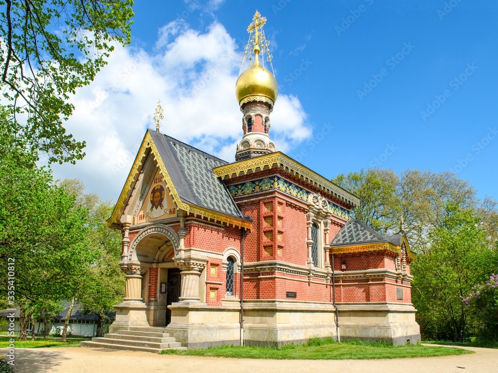 Wall mural Beautiful russian orthodox Church in Kurpark Bad Homburg. The first stone built by last Emperor Czar Nikolai II. Hessen, Germany