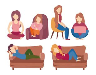set of icons people sitting on the sofa