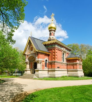 Beautiful russian orthodox Church in Kurpark Bad Homburg. The first stone built by last Emperor Czar Nikolai II. Hessen, Germany