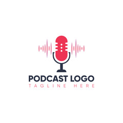 Podcast radio icon. Studio table microphone with broadcast. Webcast audio record concept logo.
