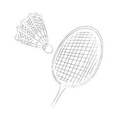 Badminton shuttlecock and racket in a simple line style. Hand drawn sketch, elements isolated on white background. Illustration of summer games, outdoor activity.