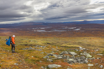 Fototapeta premium female hiker witt backpack at Kungsleden trail admiring nature of Sarek
