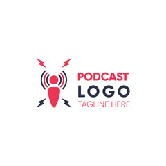 Podcast radio icon. Studio table microphone with broadcast. Webcast audio record concept logo.