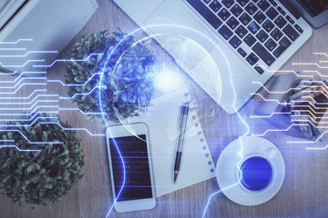 Multi exposure of brain drawing over work table desktop. Top view. Global data analysis concept.